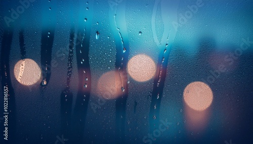 a close-up of rain droplets softly sliding down a fogged window, with blurred city lights in the background and a cool blue tint.