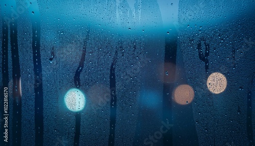 a close-up of rain droplets softly sliding down a fogged window, with blurred city lights in the background and a cool blue tint.