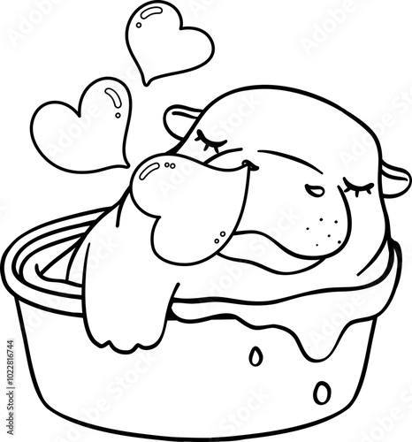 Baby Pygmy bouncy hippo sleeping in basin doodle outline coloring image