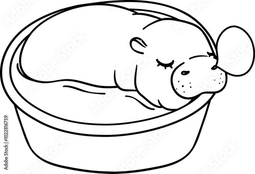 Baby Pygmy bouncy hippo sleeping in basin doodle outline coloring page