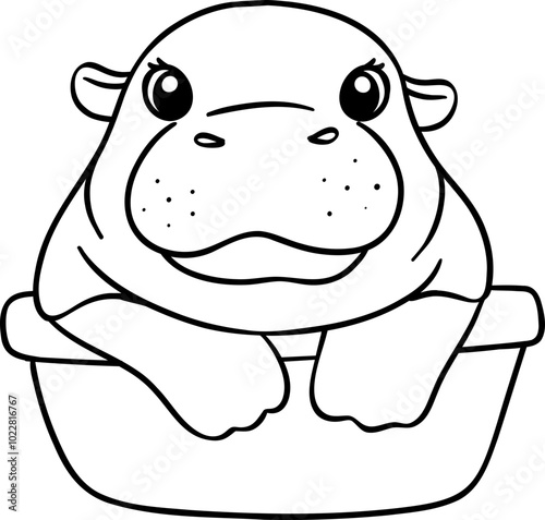 Cute Pygmy bouncy hippo in basin doodle outline coloring image