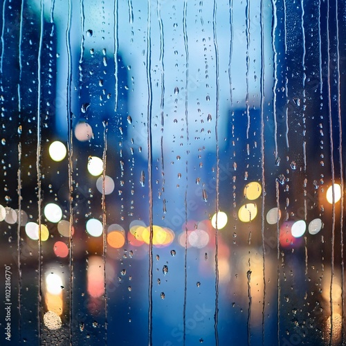 a close-up of rain droplets softly sliding down a fogged window, with blurred city lights in the background and a cool blue tint.