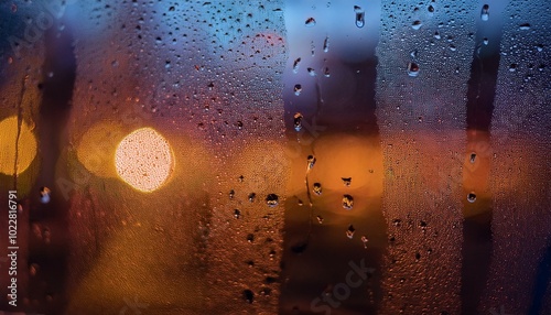 a close-up of rain droplets softly sliding down a fogged window, with blurred city lights in the background and a cool blue tint.