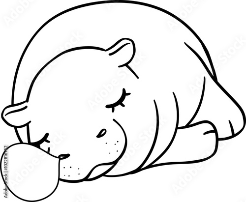 Baby Pygmy bouncy hippo sleeping doodle outline coloring image