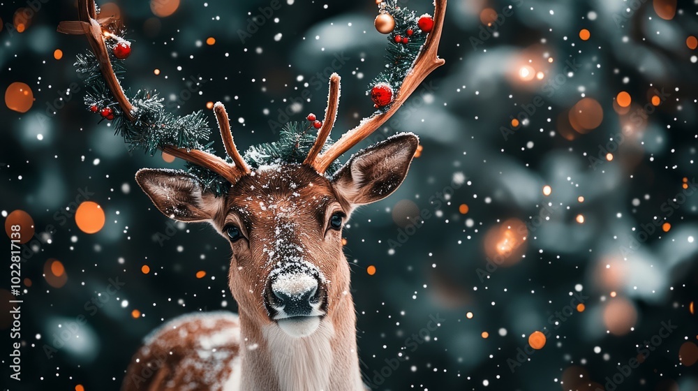 Festive reindeer wearing a beautiful antler headband poses in a snowy forest with glowing lights, evoking a magical christmas scene
