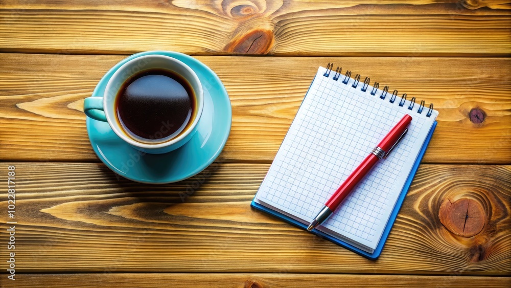 Thoughtful advice concept with notepad, pen, and a cup of coffee on a wooden table background Thoughtful advice concept with notepad, pen, and a cup of coffee on a wooden table background