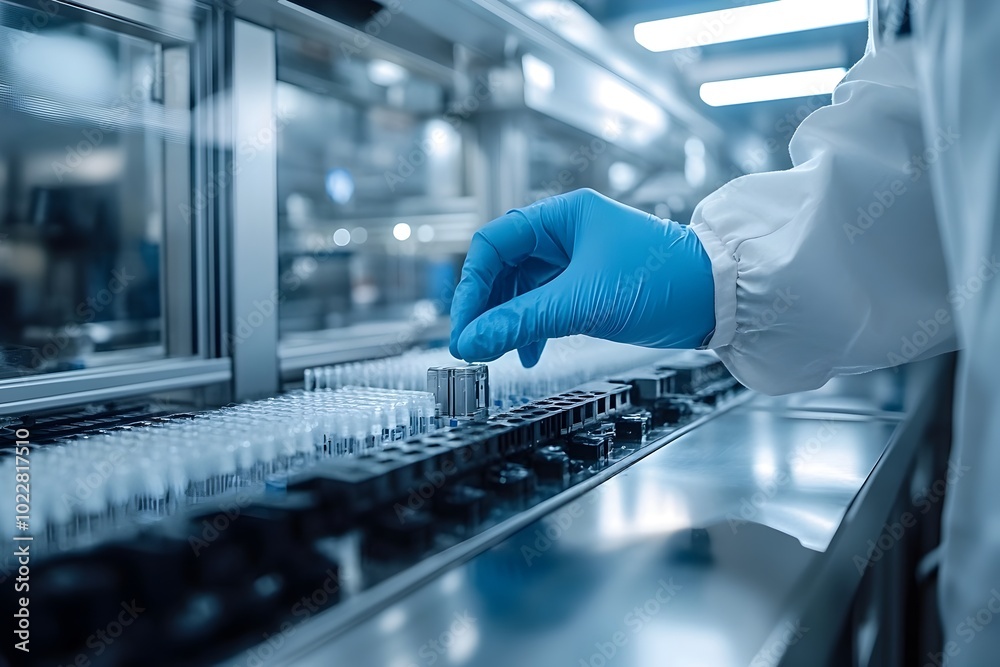 Employee Cleaning Small Electronic Devices in a Cleanroom Setting for Product Maintenance and Employee Cleaning Small Electronic Devices in a Cleanroom Setting for Product Maintenance and