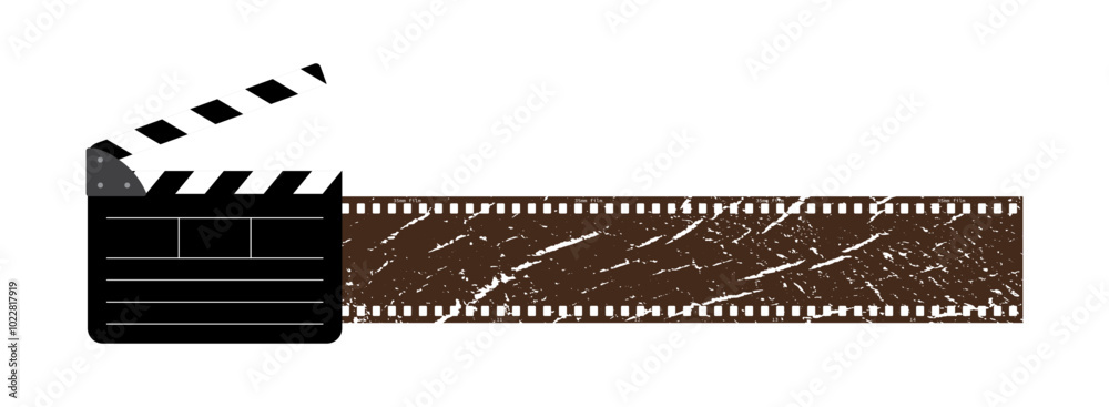 Fototapeta premium Clapper board, vintage 35mm film reel vector design isolated on white. Filmstrip movie production icon illustration to use for motion picture, entertainment, cinema, film project.