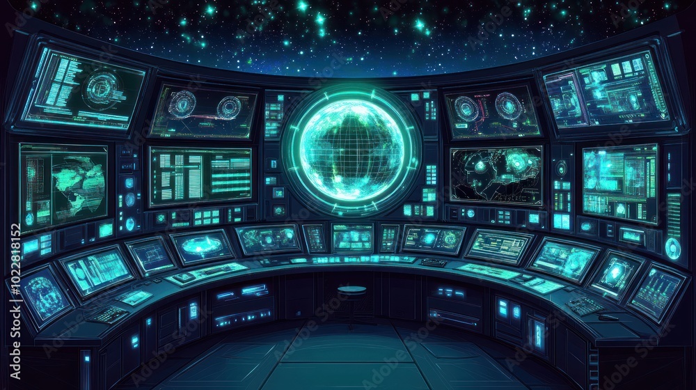 Obraz premium A futuristic control room with screens and a glowing globe, suggesting monitoring or navigation.