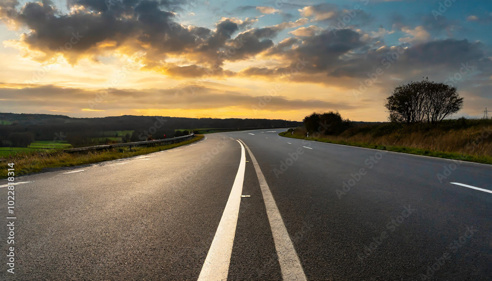 Scenic winding road at sunset with vibrant clouds and distant hills in the countryside Scenic winding road at sunset with vibrant clouds and distant hills in the countryside