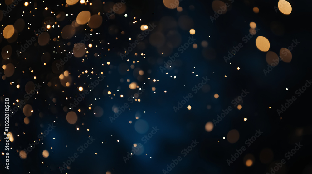 Abstract background with bokeh lights in gold and white on a dark blue background. Abstract background with bokeh lights in gold and white on a dark blue background.