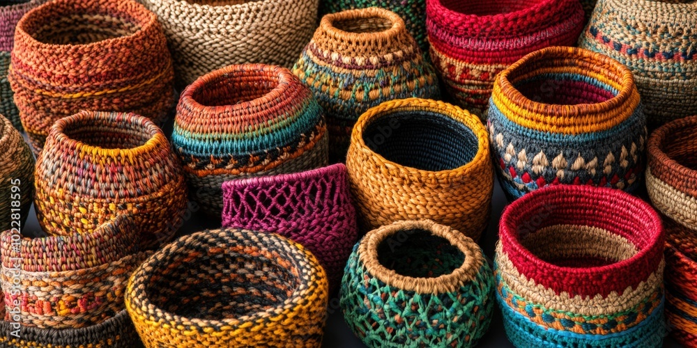 Colorful woven baskets in a variety of patterns. Colorful woven baskets in a variety of patterns.