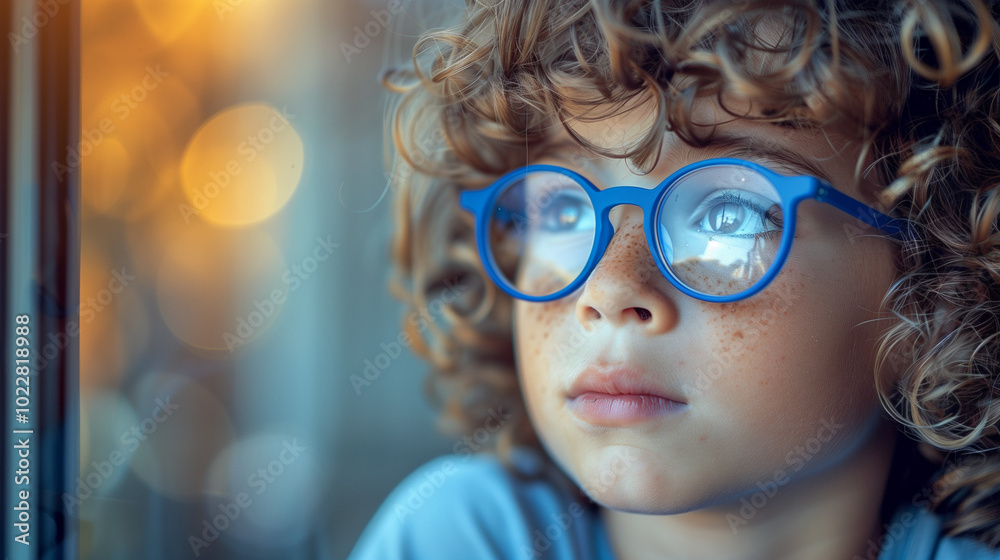 Young child wearing blue glasses focusing on distant tree outside window, symbolizing myopia prevention and importance of outdoor activities. Young child wearing blue glasses focusing on distant tree outside window, symbolizing myopia prevention and importance of outdoor activities.