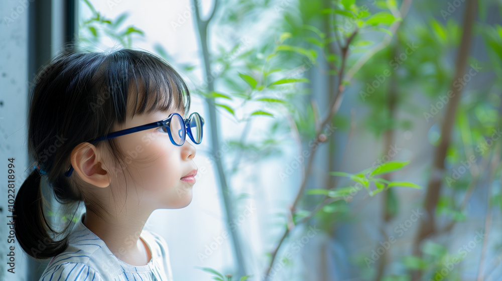 Young child wearing blue glasses focusing on distant tree outside window, symbolizing myopia prevention and importance of outdoor activities. Young child wearing blue glasses focusing on distant tree outside window, symbolizing myopia prevention and importance of outdoor activities.
