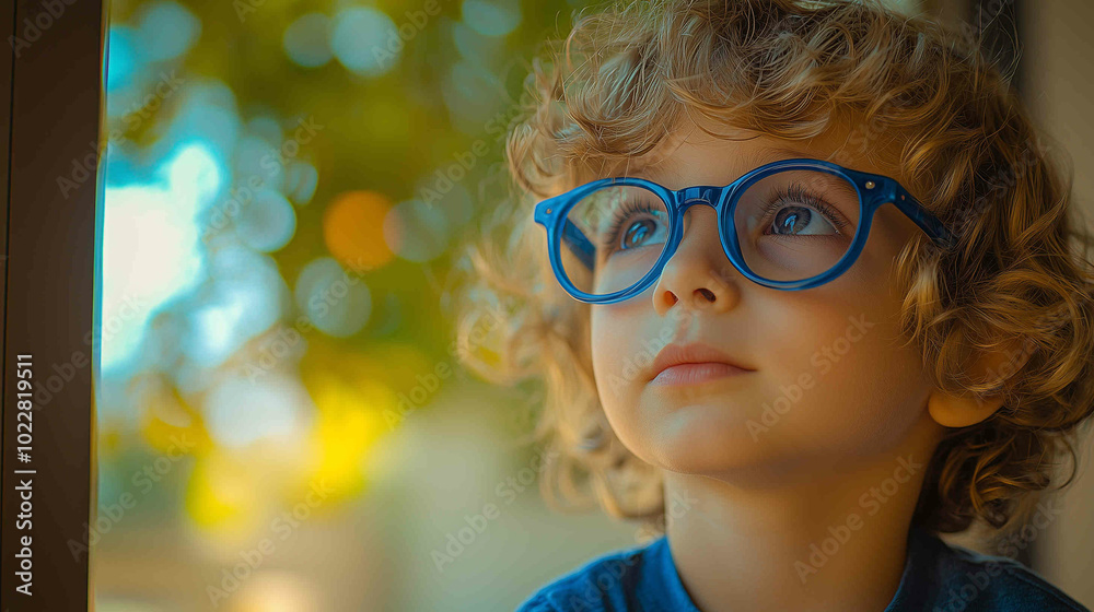 Young child wearing blue glasses focusing on distant tree outside window, symbolizing myopia prevention and importance of outdoor activities. Young child wearing blue glasses focusing on distant tree outside window, symbolizing myopia prevention and importance of outdoor activities.