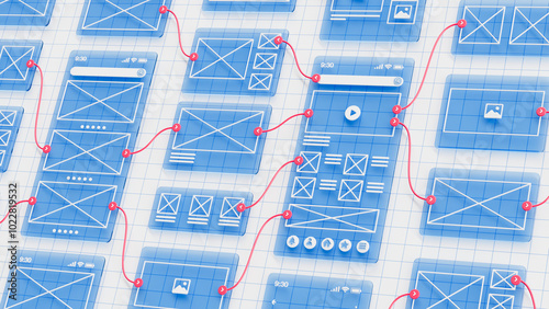 UX UI flowchart connection node graphic designer creative planning application process development data prototype wireframe for web mobile icon phone . User experience concept. 3d rendering.