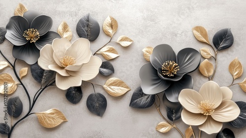 3D mural wallpaper featuring a minimalistic floral design with modern flowers against a gray background adorned with black gray and golden leaves