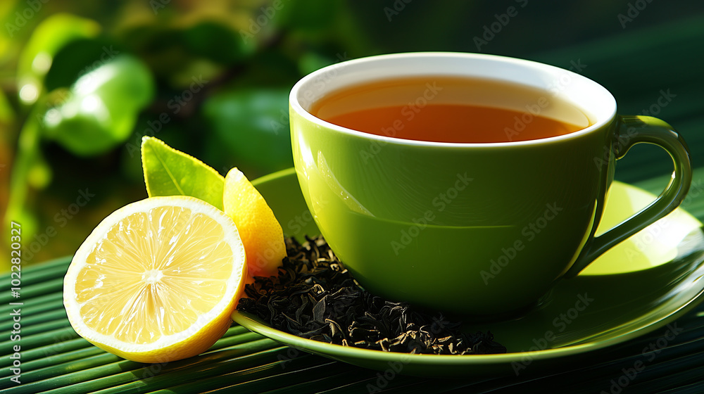 A cup of tea with lemon slices on a green saucer. A cup of tea with lemon slices on a green saucer.
