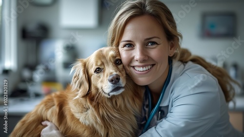 Wallpaper Mural Smiling woman veterinarian with golden retriever dog and fluffy cat at work in clinic : Generative AI Torontodigital.ca