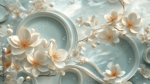 Fototapeta Naklejka Na Ścianę i Meble -  3D decorative wallpaper design featuring a high quality flower and circular patterns suitable for enhancing living room aesthetics