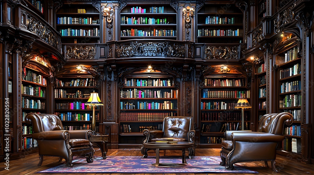 Naklejka premium Elegant Library Interior with Bookshelves Leather Armchairs and Table Lamp