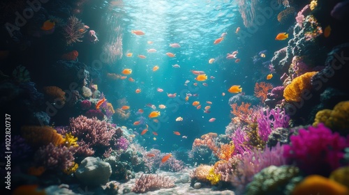 Lively 3D wallpaper of tropical fish swimming through a colorful coral reef, with dynamic lighting and depth. No logos or people.