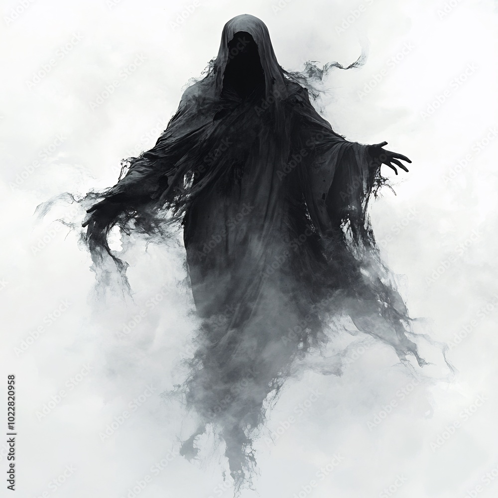 Fototapeta premium A ghostly figure with a hood and tattered robes, soaring through the sky, on a white background