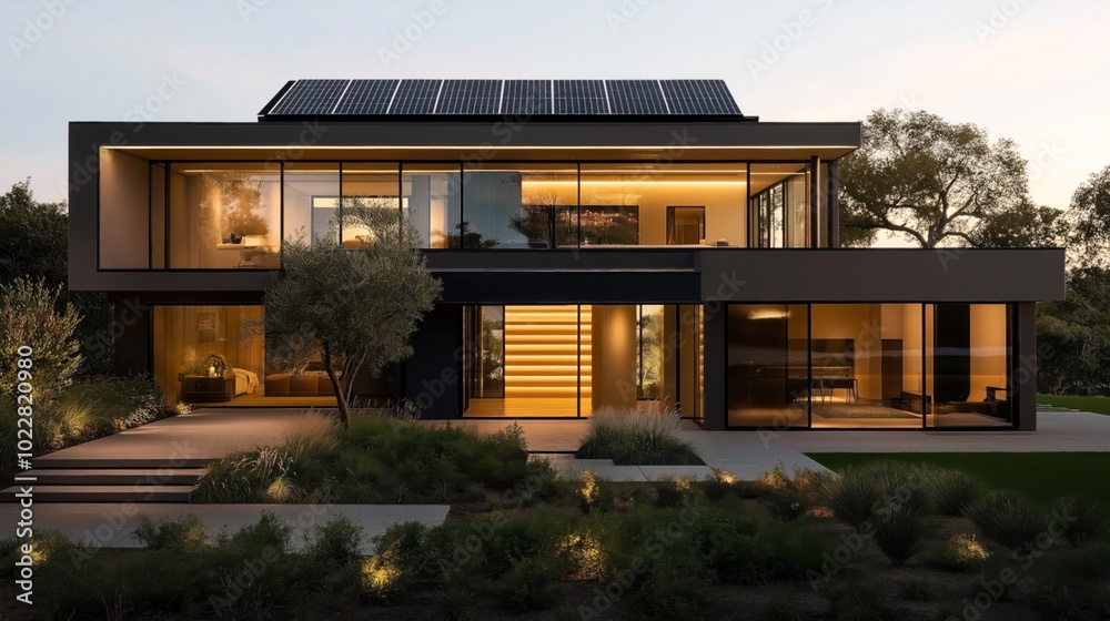 Fototapeta premium Modern two-story house with floor-to-ceiling windows, solar panels on the roof, and landscaped garden at dusk.