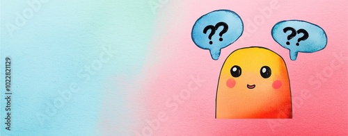 A cute, colorful character with a questioning expression, surrounded by pastel colors and speech bubbles featuring question marks.