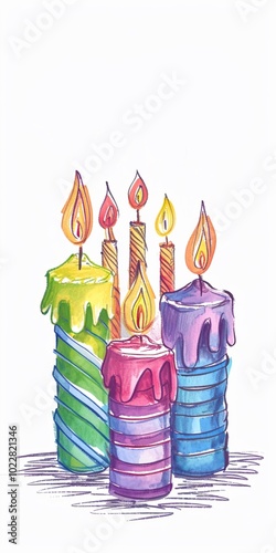 Burning birthday colorful candles on white background, empty card template