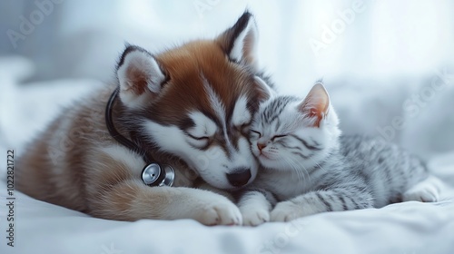 Siberian Husky puppy with stethoscope on his neck huggs british kitten isolated on white background : Generative AI photo