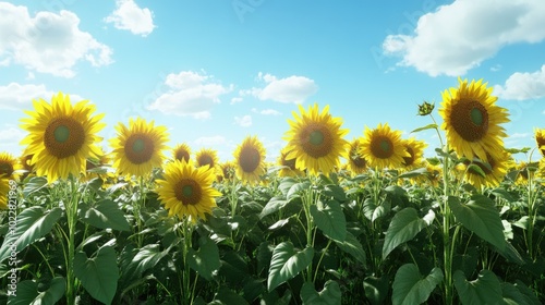 Realistic 3D wallpaper of a peaceful sunflower field in full bloom with a bright blue sky. No logos or people.