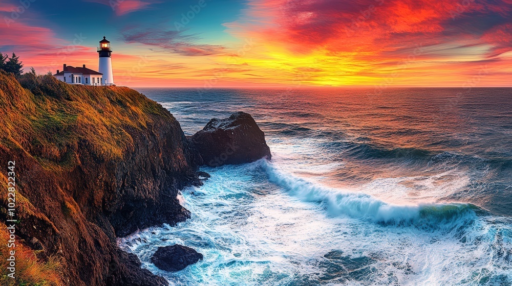 Lighthouse on cliff, sunset, ocean waves crashing. Lighthouse on cliff, sunset, ocean waves crashing.