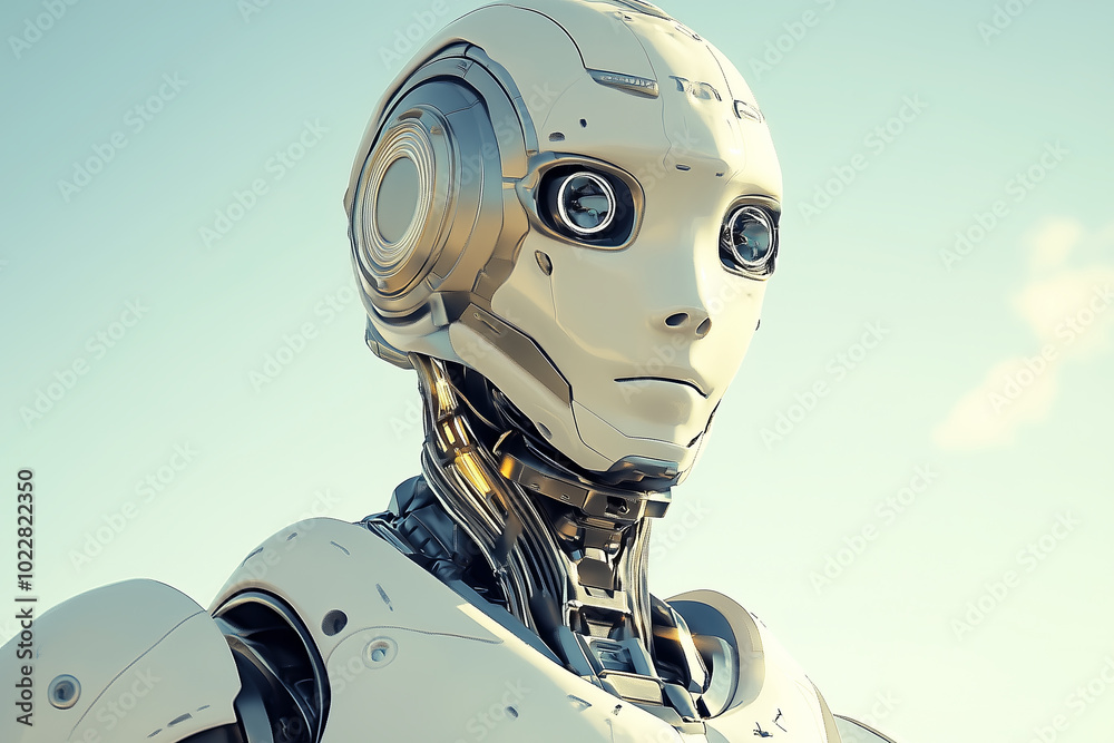 Close-up portrait of a humanoid robot with large, expressive eyes. Close-up portrait of a humanoid robot with large, expressive eyes.