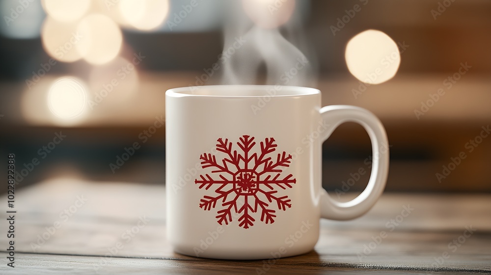 a white ceramic mug with a red snowflake design : Generative AI a white ceramic mug with a red snowflake design : Generative AI
