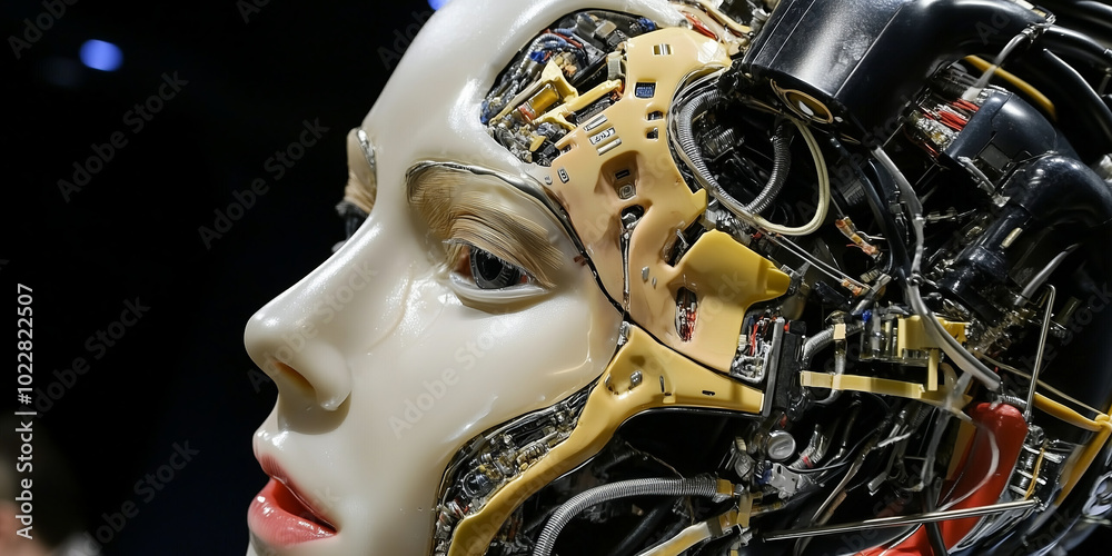 A robotic head with exposed internal workings and a human-like face. A robotic head with exposed internal workings and a human-like face.