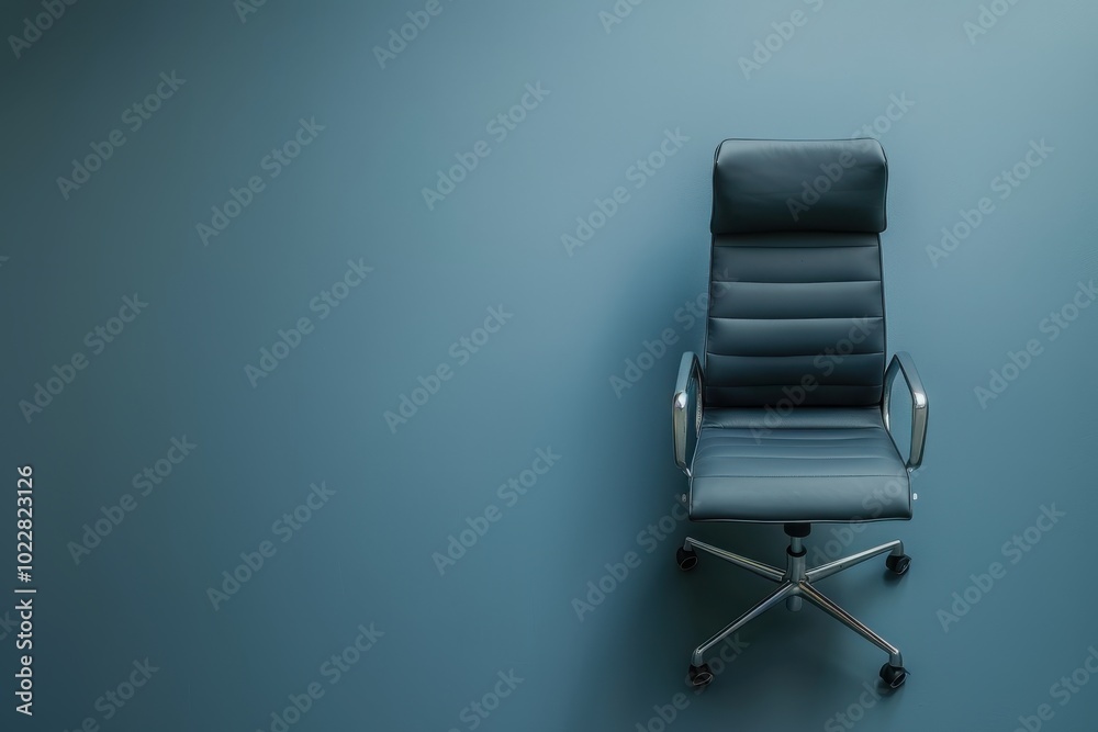 A modern office chair positioned against a blue wall in a minimalistic workspace A modern office chair positioned against a blue wall in a minimalistic workspace