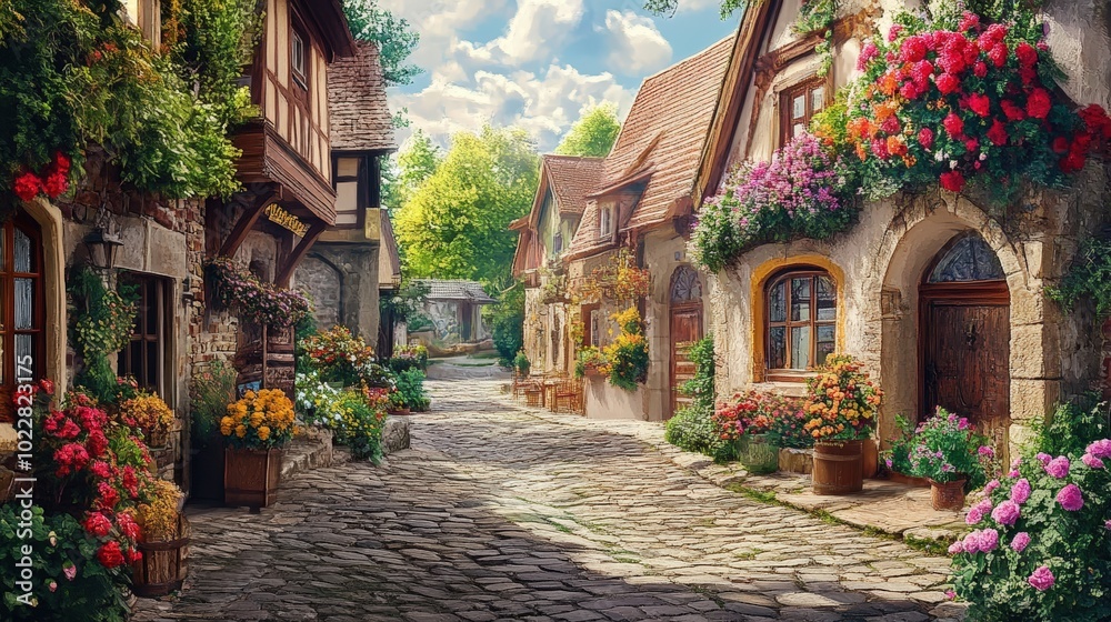 Fototapeta premium Cobblestone street with old buildings and flowers.