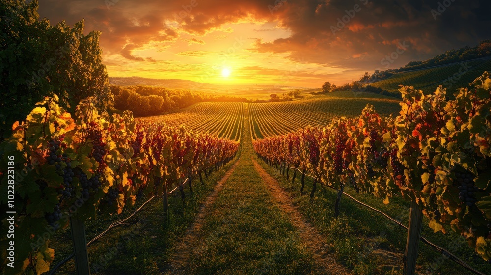 Naklejka premium Vineyard at sunset with path and grapes.