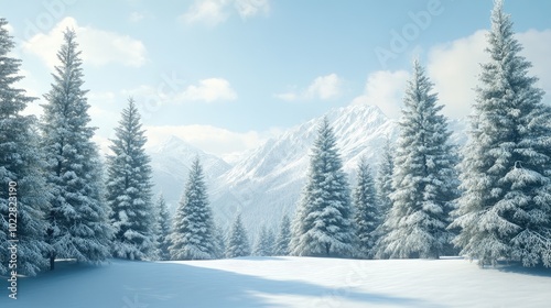 Realistic 3D wallpaper of snow-covered pine trees in a peaceful mountain landscape, perfect for winter settings. No logos or people.