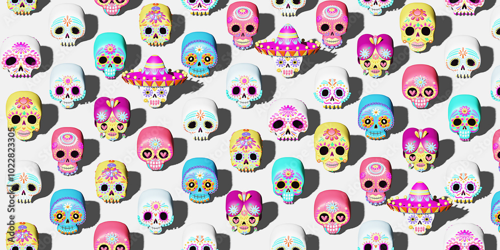 Mexican skull design pattern, Mexico culture tourism landmark latin and party theme 3d illustration. Mexican skull design pattern, Mexico culture tourism landmark latin and party theme 3d illustration.