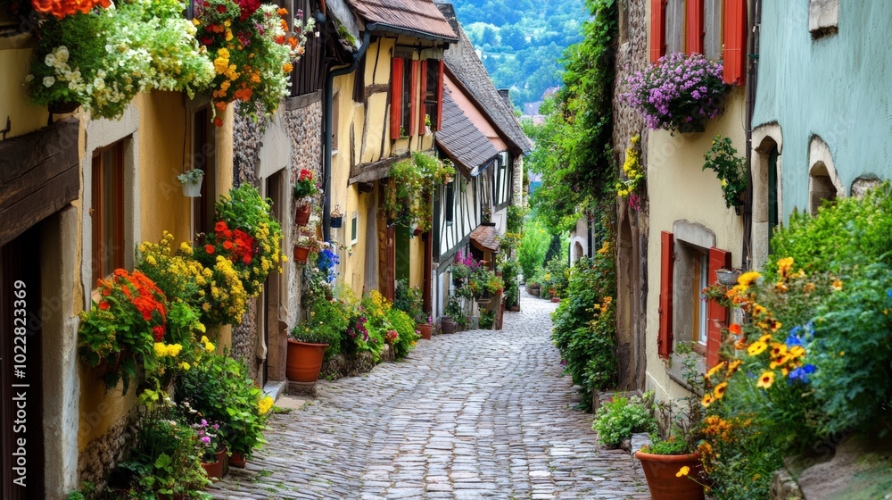 Cobblestone street lined with colorful flowers. Cobblestone street lined with colorful flowers.
