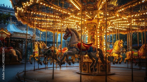 A carousel with ornate horses under glowing lights.