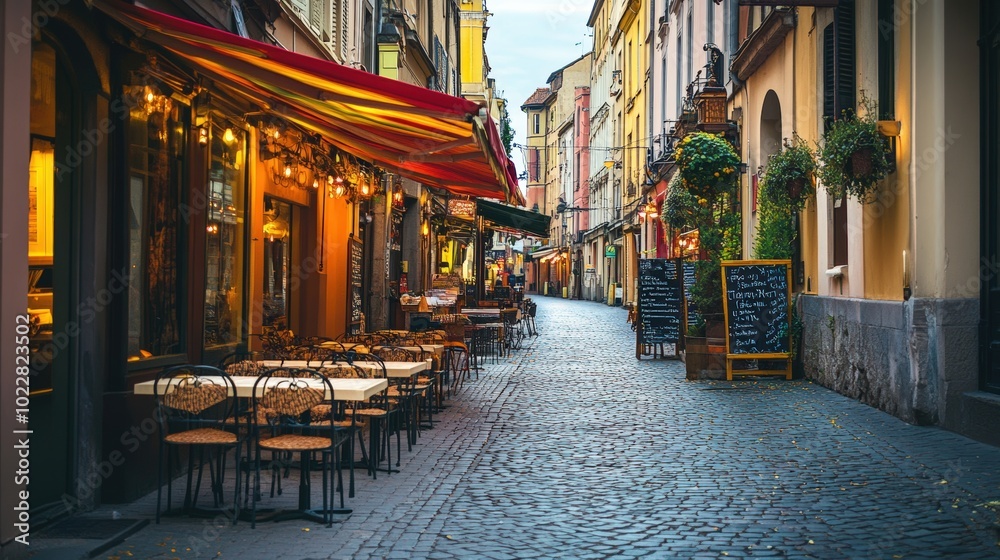 Fototapeta premium Empty tables and chairs on cobblestone street.
