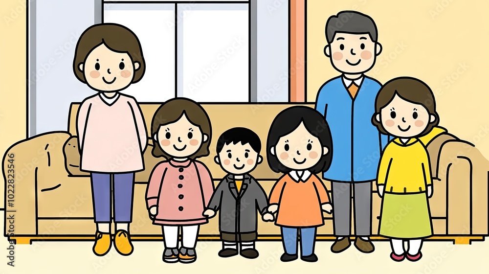 A cheerful cartoon family of seven siblings, with one black-haired child, gathered together in a bright, animated scene. A cheerful cartoon family of seven siblings, with one black-haired child, gathered together in a bright, animated scene.