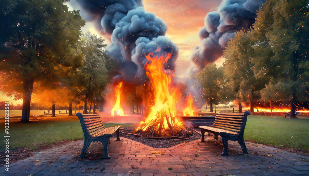Dramatic sunset with intense fire blazing in park surrounded by smoke and trees during twilight hours Dramatic sunset with intense fire blazing in park surrounded by smoke and trees during twilight hours