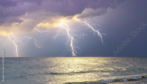 a calm sea under a light storm, with gentle waves and distant lightning illuminating the soft clouds in muted purples and grays.
