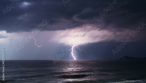 a calm sea under a light storm, with gentle waves and distant lightning illuminating the soft clouds in muted purples and grays.