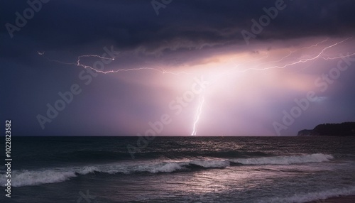 a calm sea under a light storm, with gentle waves and distant lightning illuminating the soft clouds in muted purples and grays.