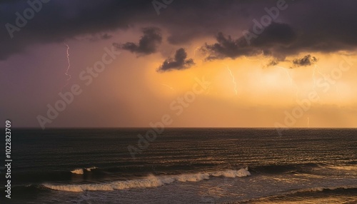 a calm sea under a light storm, with gentle waves and distant lightning illuminating the soft clouds in muted purples and grays.